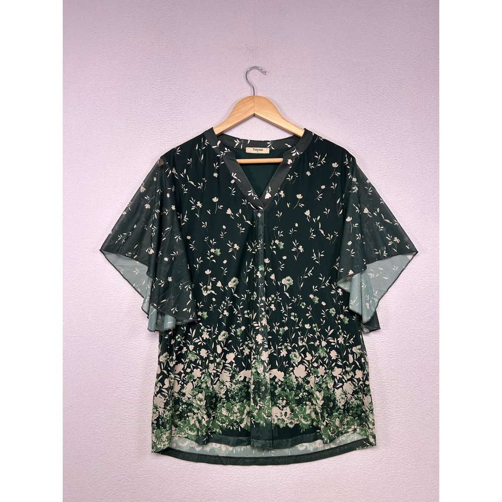 Cottagecore Timeson Womens XL Green Floral Flutter Sleeve V-Neck Pleated Blouse